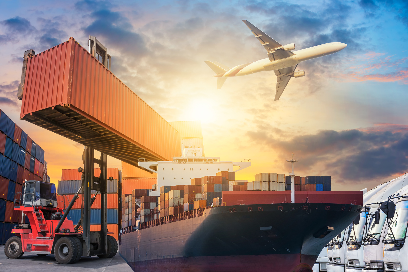 Ship for container with working crane bridge in shipyard for Logistic Import Export background